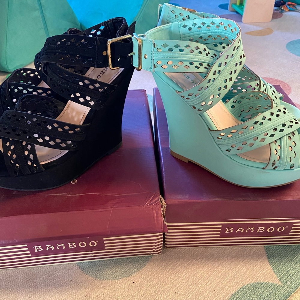 Scrappy Wedge Sandals Black and Turquoise